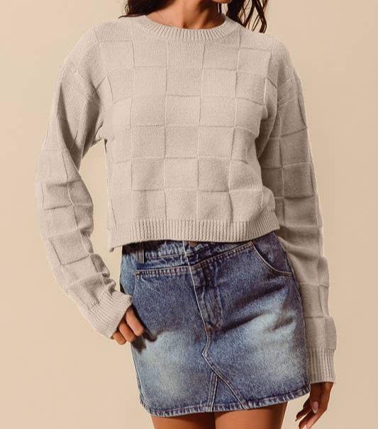 Checker Pattern Knitted Round Neck Sweater