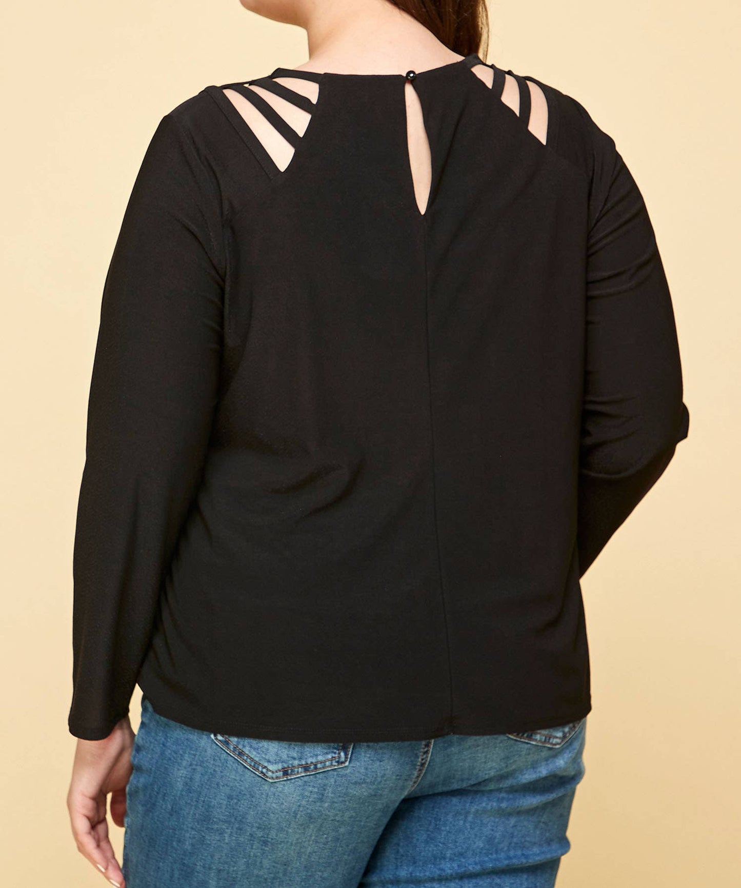 PLUS SIZE LONG SLEEVE BLACK CAGE SHOULDER TOP