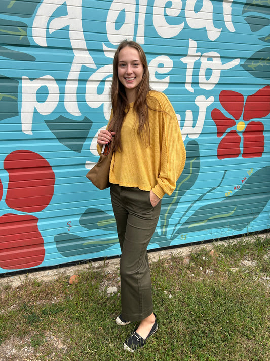 Waffle Fabric Loose Fit Long Sleeve Top