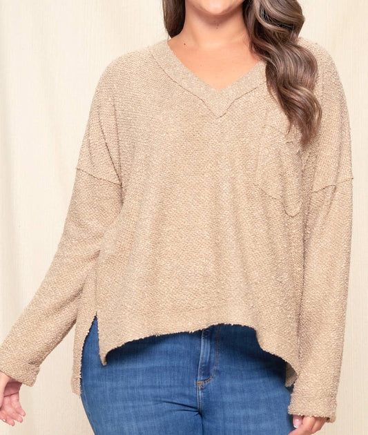 V-Neck Rolled-up Cuff Long sleeve Top W/ Pocket