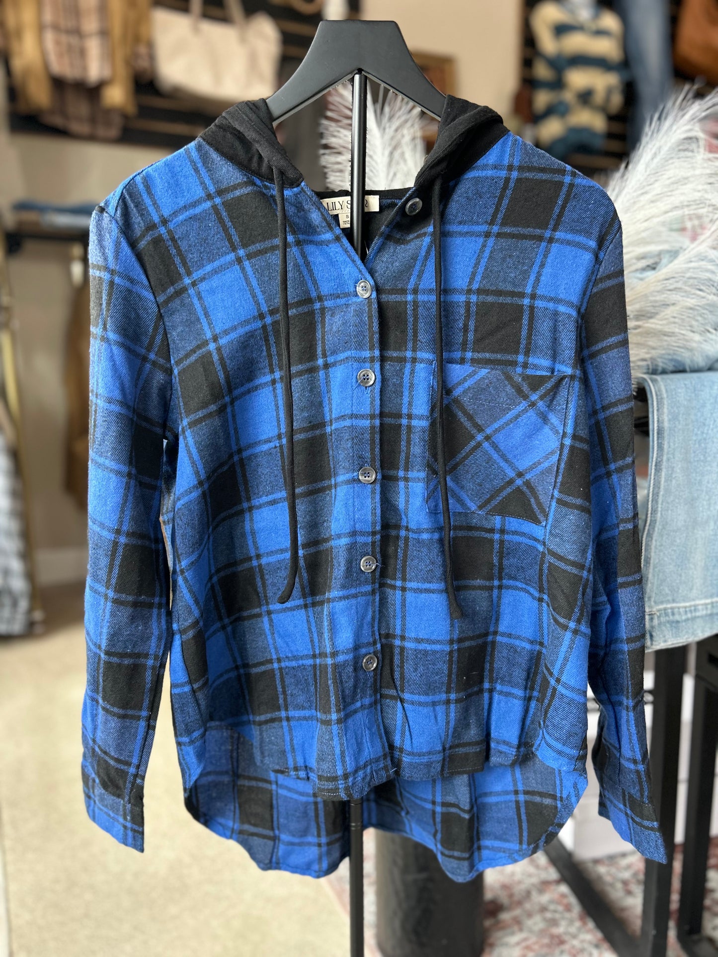 BUTTON-DOWN LONG SLEEVE HOODIE PLAID SHACKET
