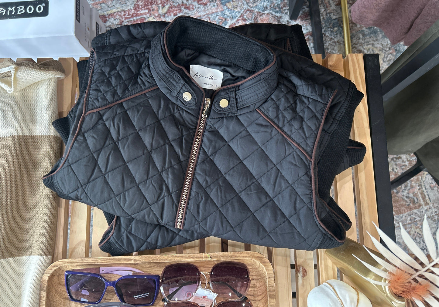 Suede Detail Rib Quilted Padding Vest