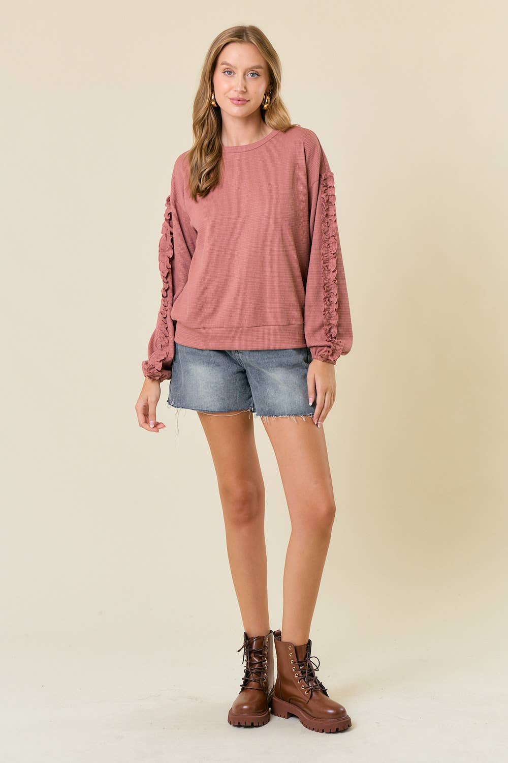 Textured Knit Ruffled Long Sleeve Top