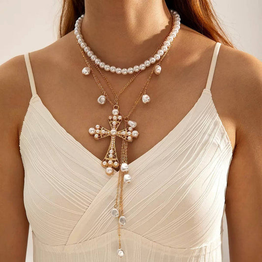 MULTI LAYER MIX PEARL CROSS Y CHARM NECKLACE