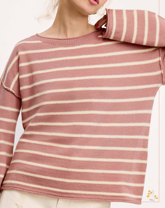 Striped Round Neck Loose Fit Long Sleeve Sweater