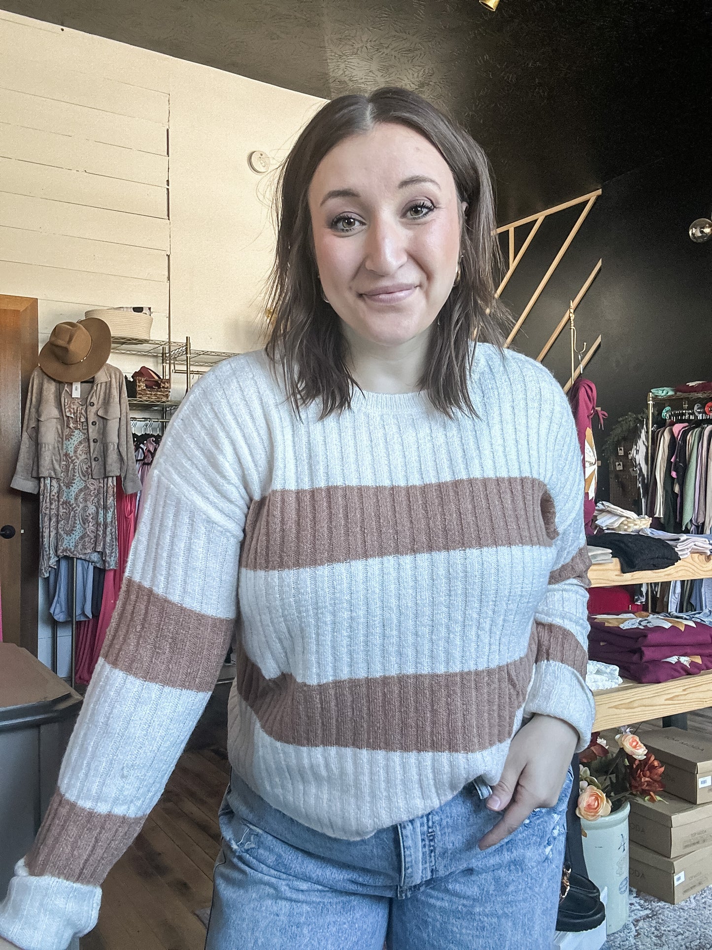 Long Sleeve Round Neck Stripe Sweater