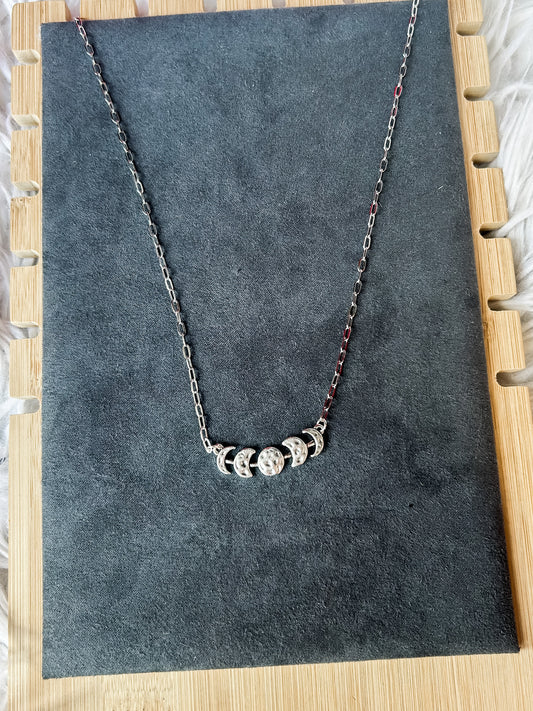 Moon Phase Long Silver Necklace