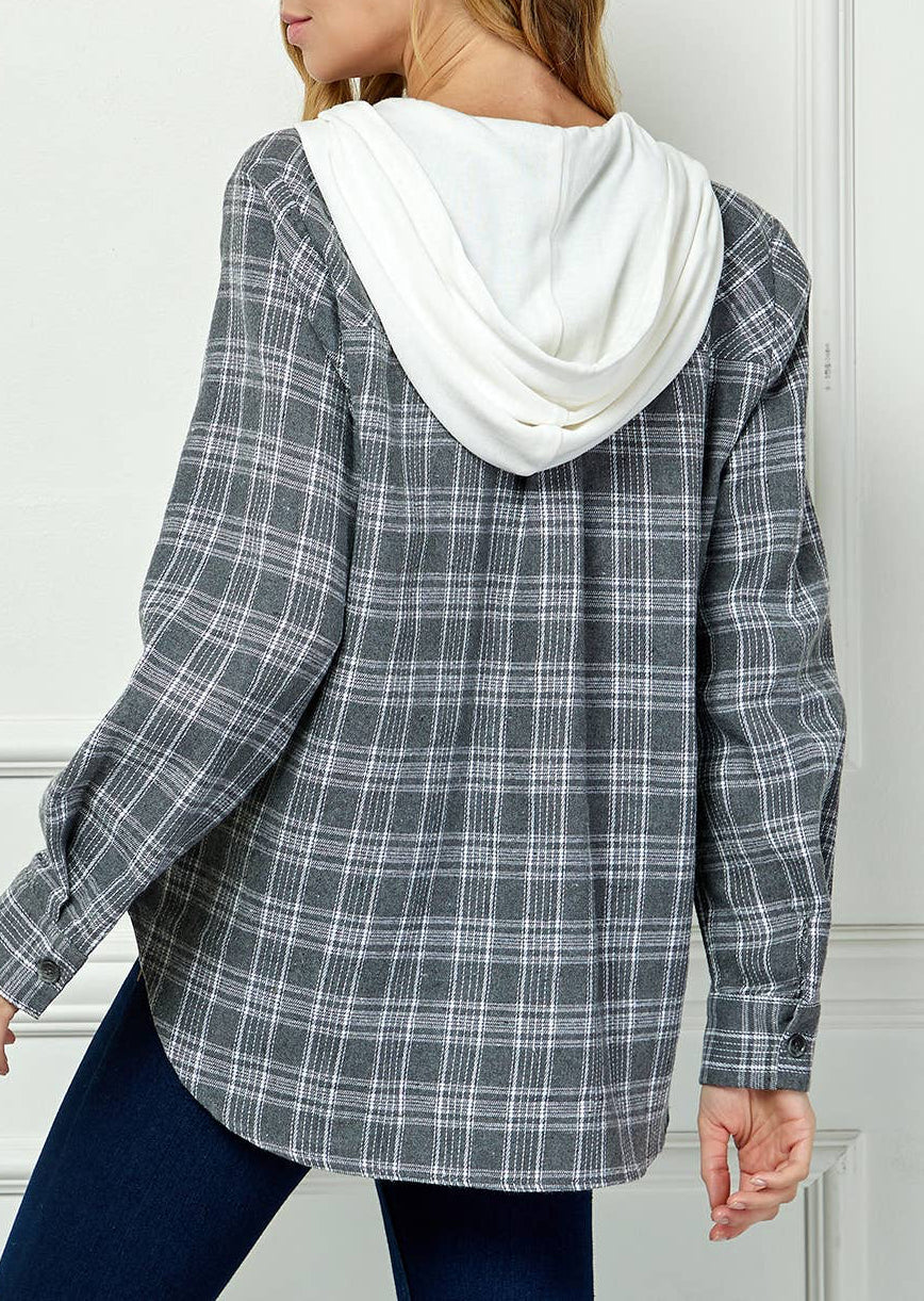 BUTTON-DOWN LONG SLEEVE HOODIE PLAID SHACKET