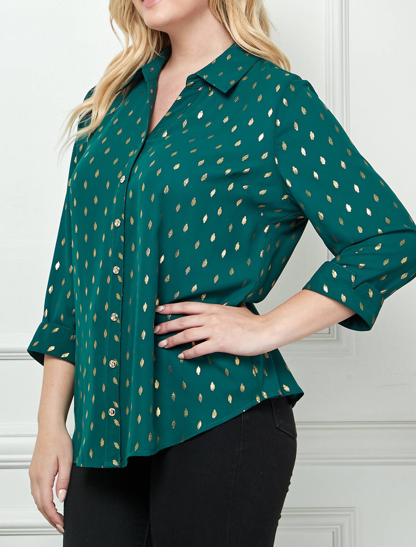 PLUS SIZE JOHNNY COLLAR BUTTON FRONT SHIRT