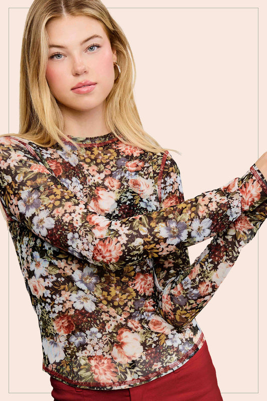 Semi Sheer Floral Mesh Layering Top