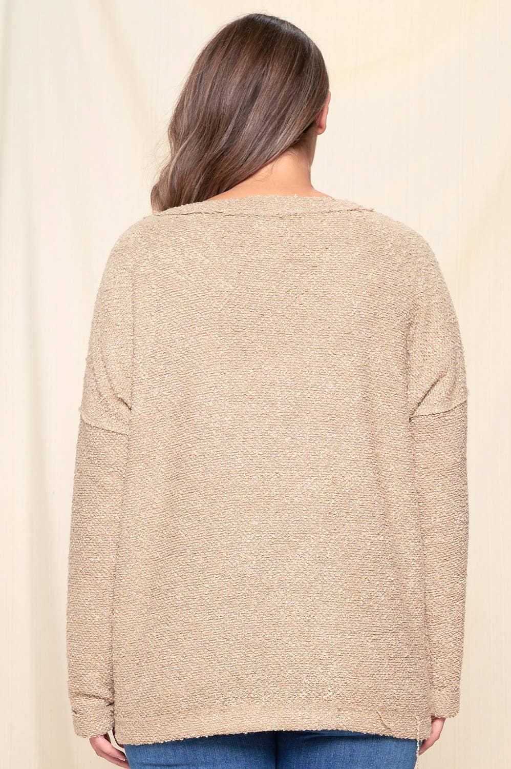 V-Neck Rolled-up Cuff Long sleeve Top W/ Pocket