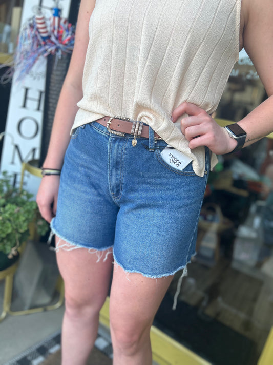 High Rise Trim Midi Stretch Denim Shorts