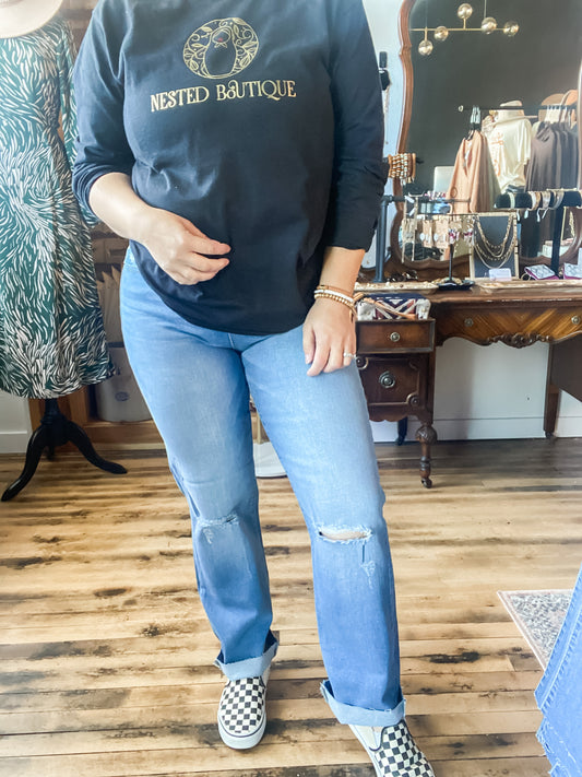 Sneak Peek-High Rise Straight Leg Jeans W/ Knee Rips