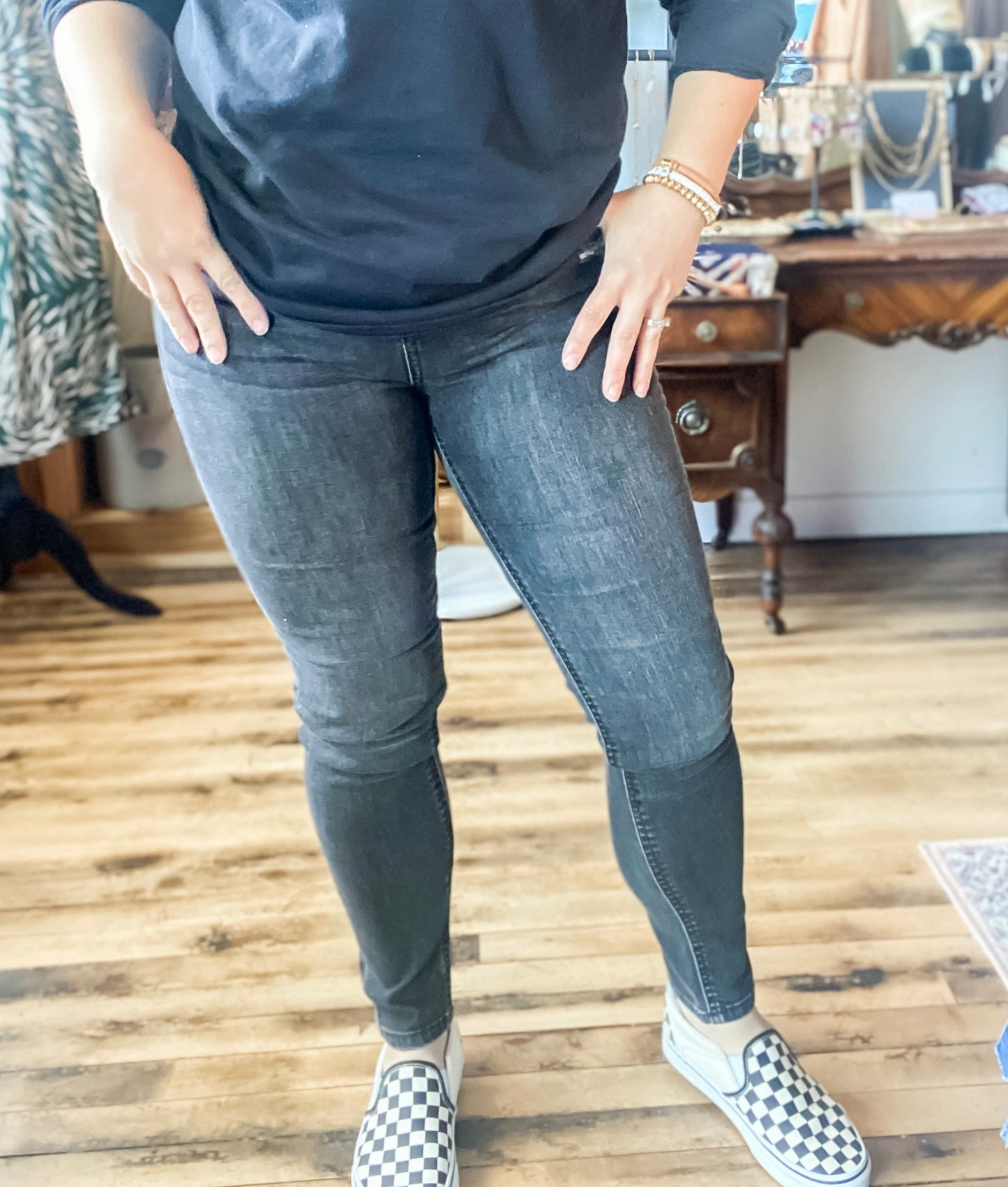 Sneak Peek-Black High Rise Skinny Jeans W/Distressing