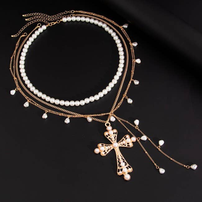 MULTI LAYER MIX PEARL CROSS Y CHARM NECKLACE