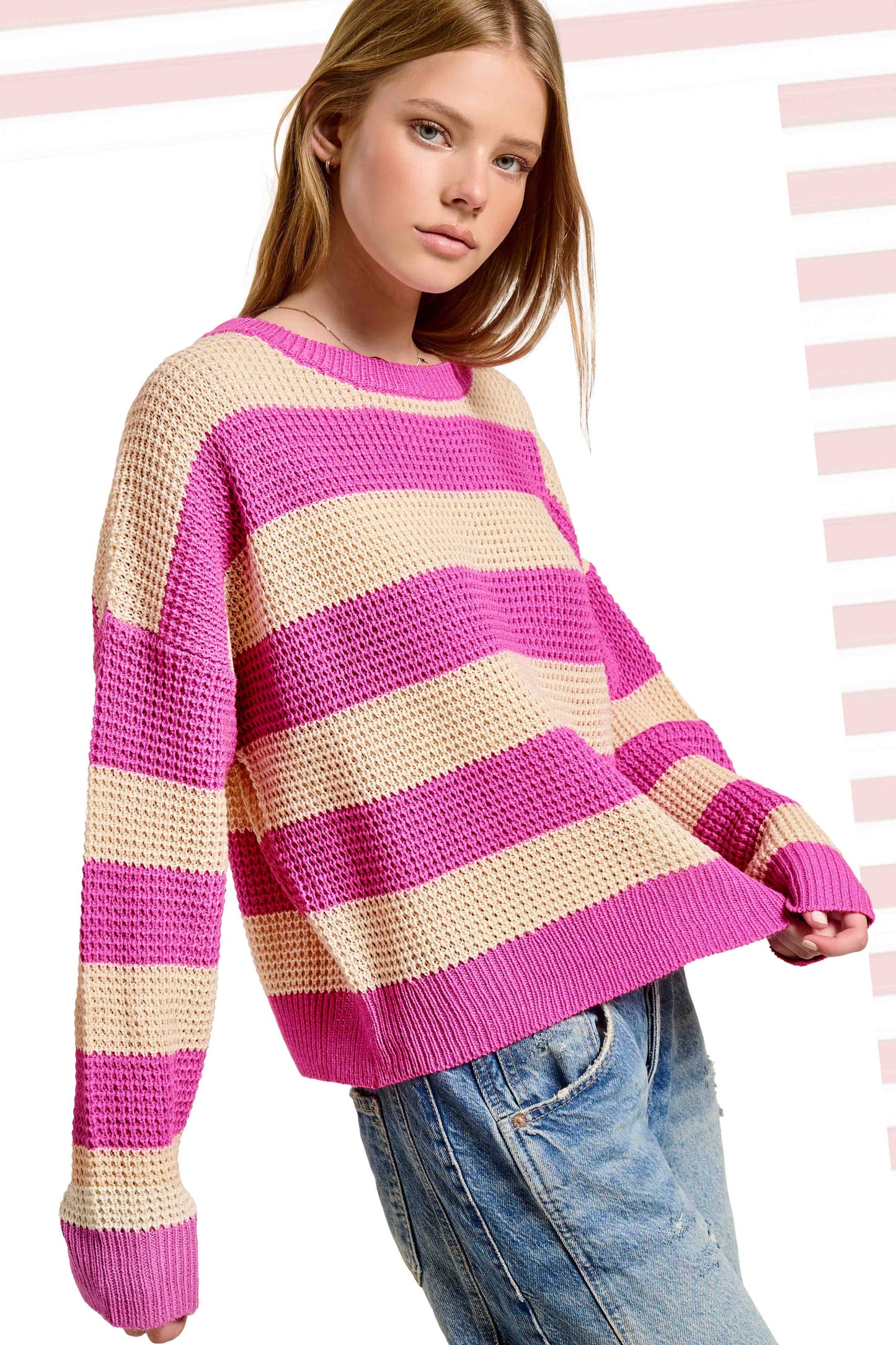 Loose Fit Striped Round Neck Long Sleeve Sweater