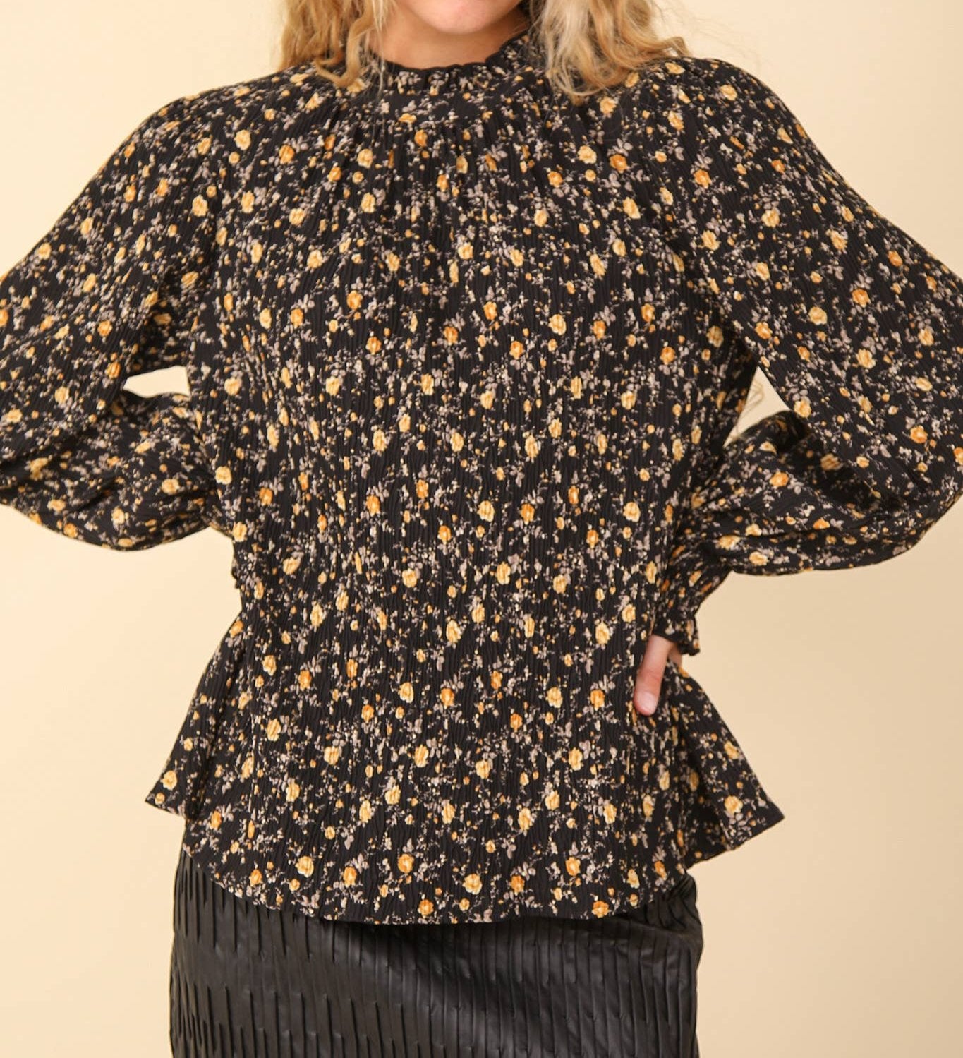 Ruffle High Neck Floral Printed Woven Blouse Top