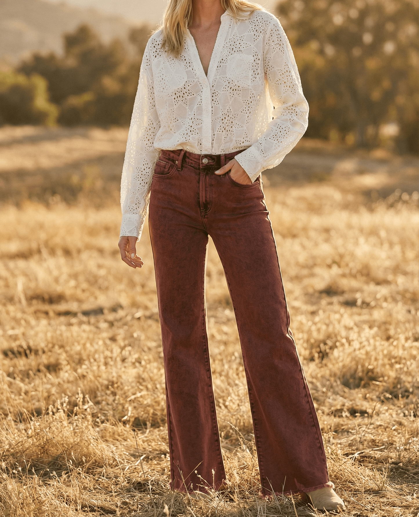 TUMMY CONTROL BURGUNDY HIGH RISE FLARE JEANS