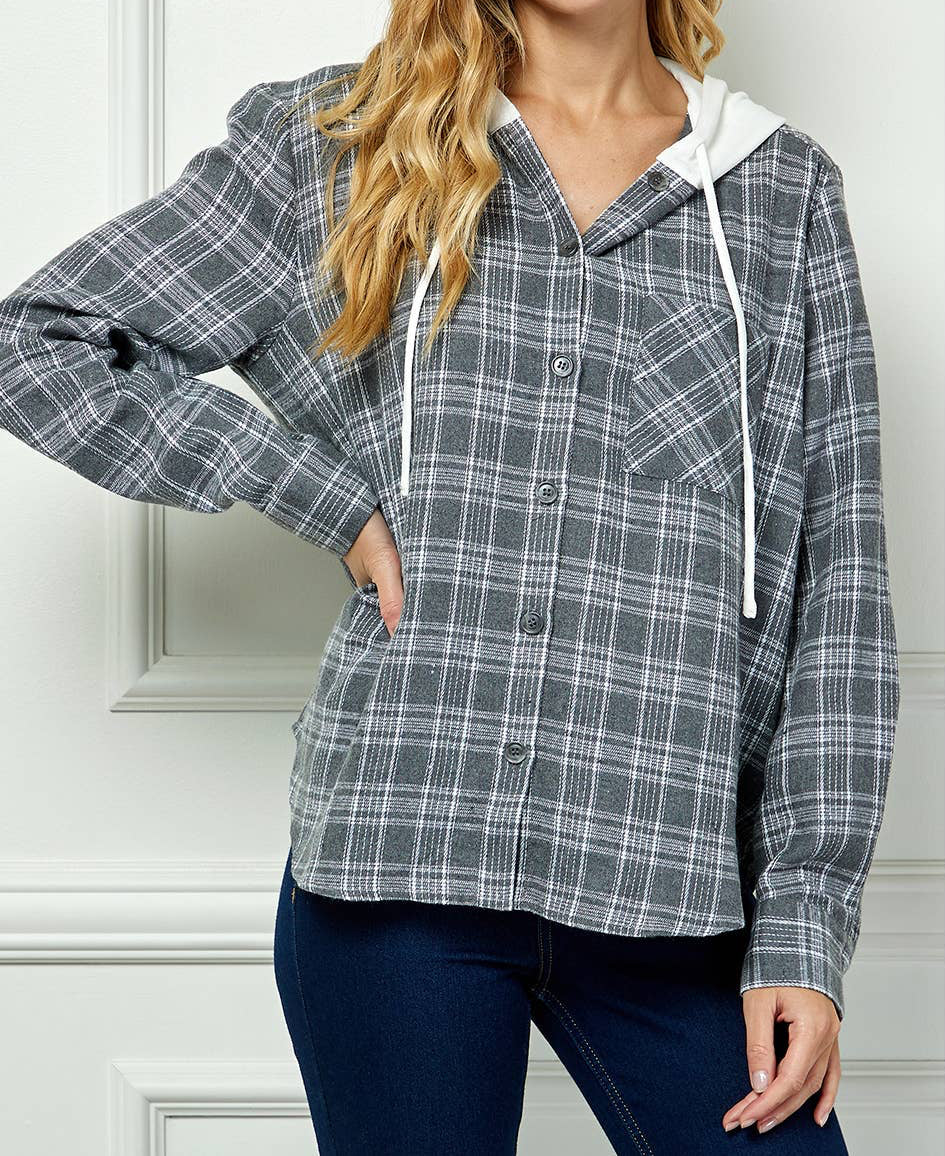 BUTTON-DOWN LONG SLEEVE HOODIE PLAID SHACKET