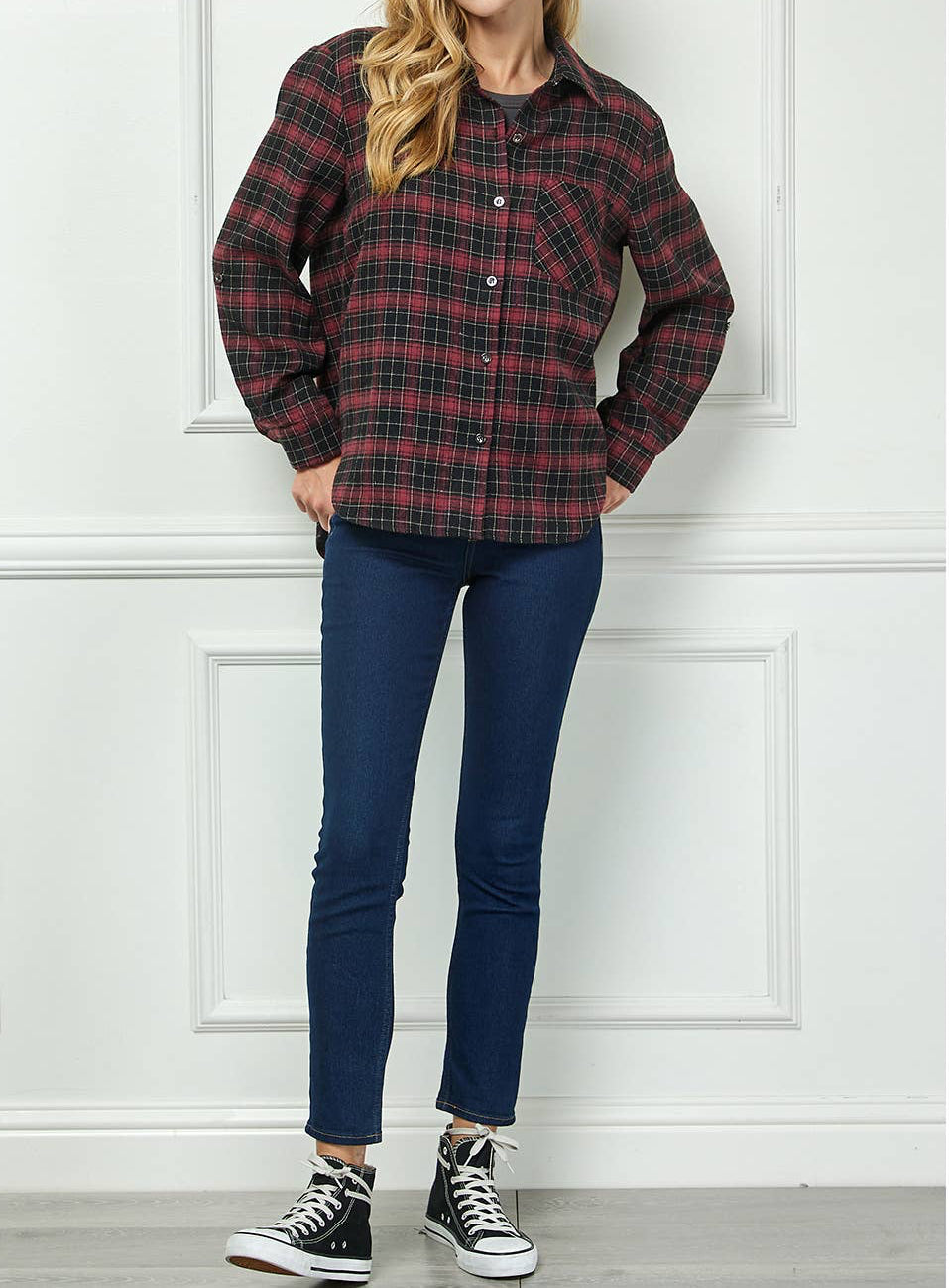 PLAID FLANNEL ROLL SLEEVES  COLLAR NECK SHIRTS