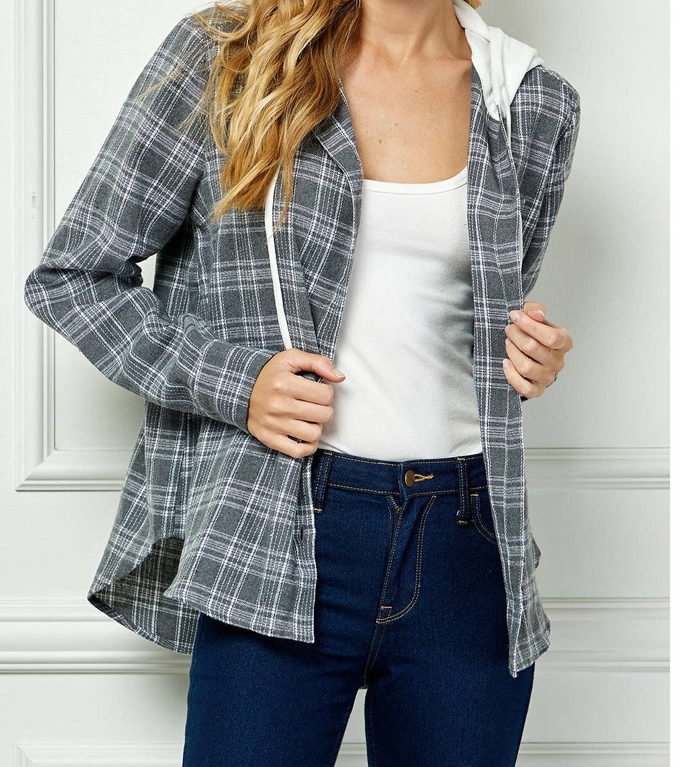 BUTTON-DOWN LONG SLEEVE HOODIE PLAID SHACKET