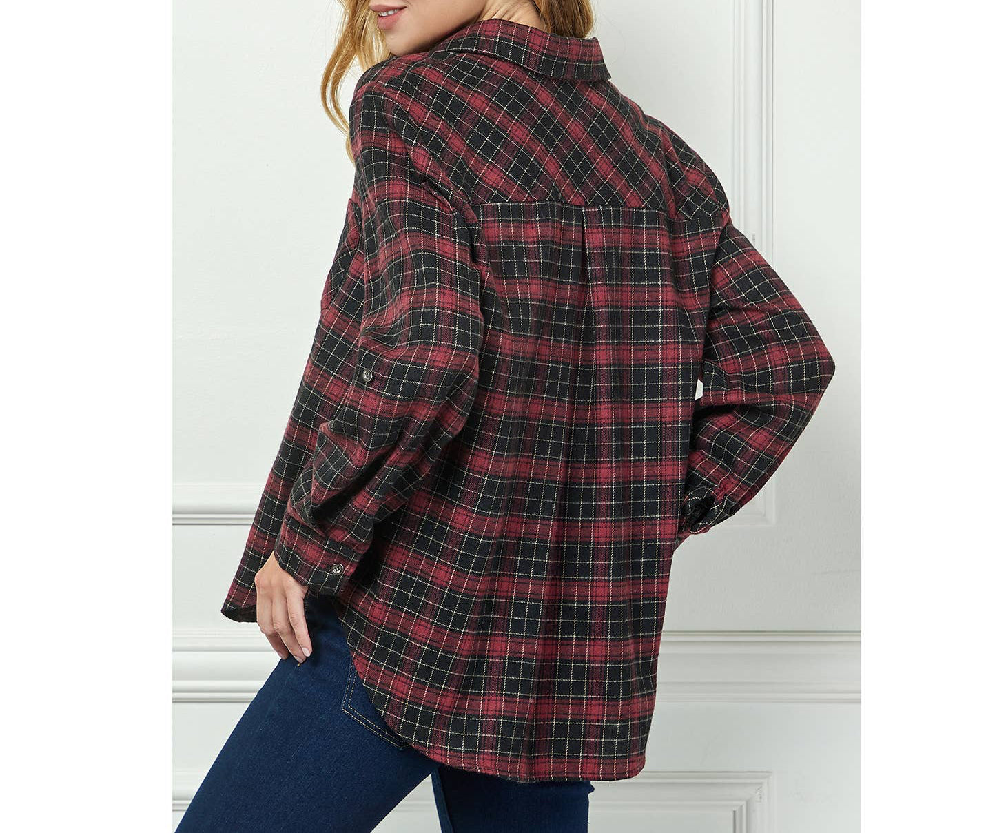 PLAID FLANNEL ROLL SLEEVES  COLLAR NECK SHIRTS