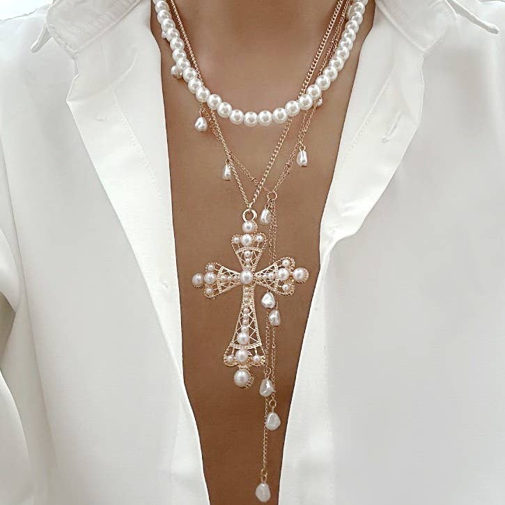 MULTI LAYER MIX PEARL CROSS Y CHARM NECKLACE