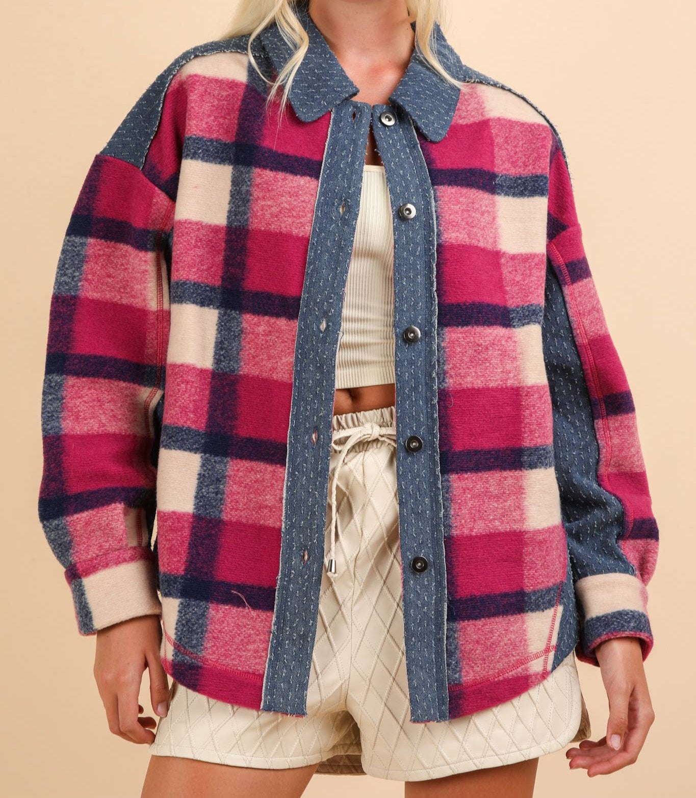 Textured Denim Contrast Plaid Shacket Jacket