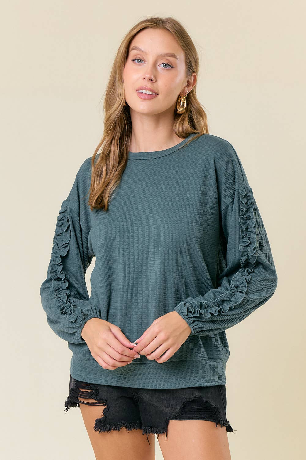 Textured Knit Ruffled Long Sleeve Top