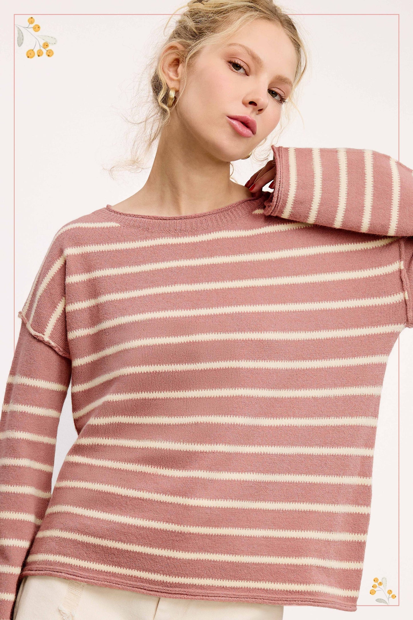 Striped Round Neck Loose Fit Long Sleeve Sweater