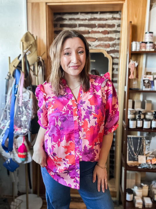 Fuchsia Floral Print Blouse