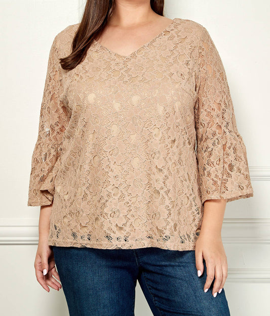 PLUS SIZE V- NECK ELBOW SLEEVE LACE TOP