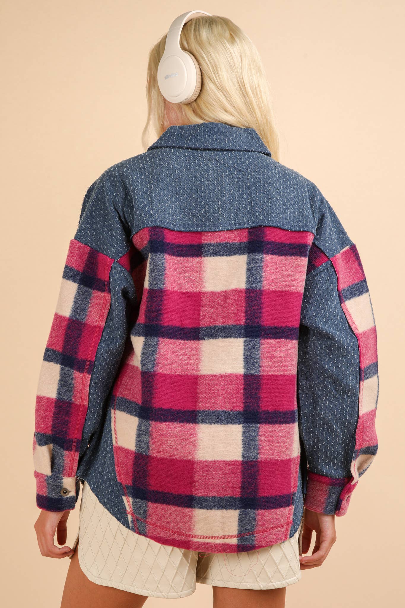 Textured Denim Contrast Plaid Shacket Jacket