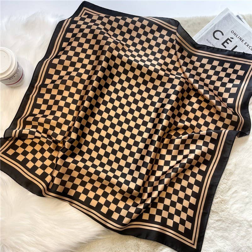 LARGE CHECKER PRINT SILKY FEEL BANDANA SCARF
