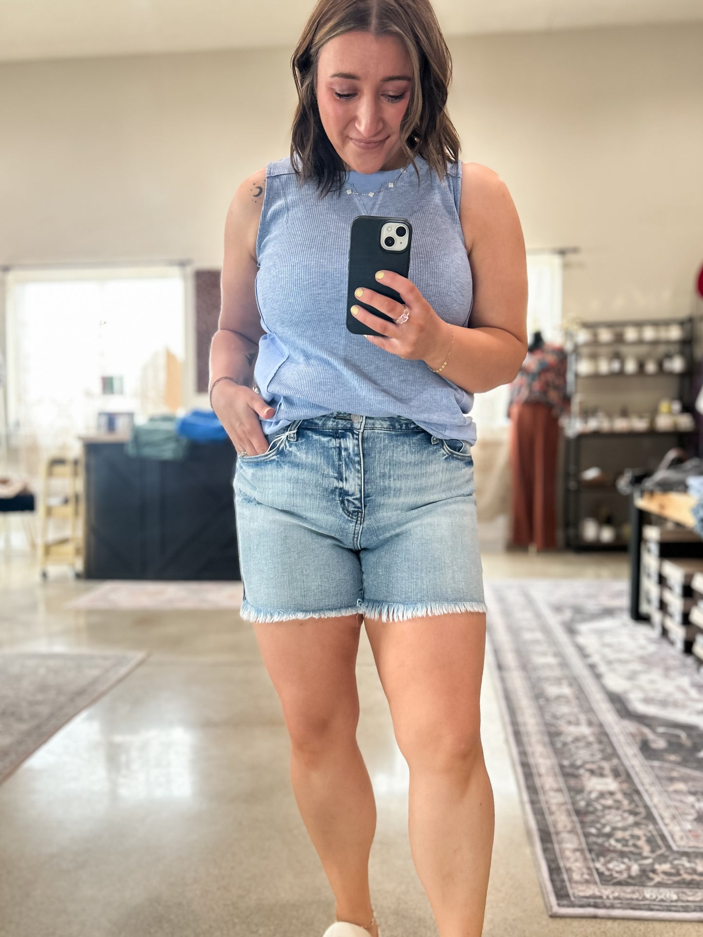 Contrast Rib Tank With Raw Edge Detail