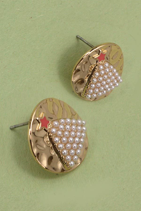 HAMMERED GOLD PEARL CHRISTMAS TREE STUD EARRINGS