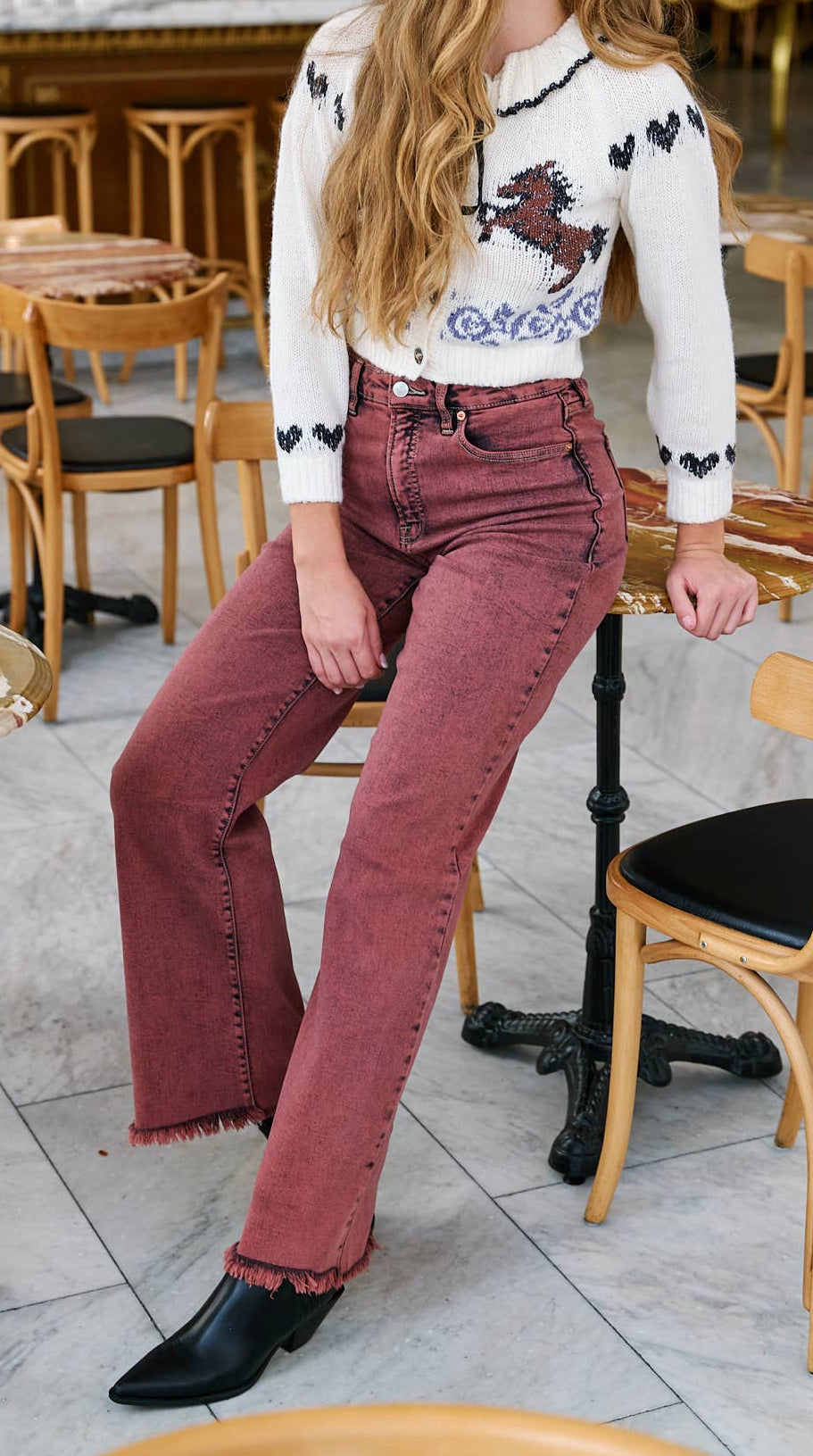 TUMMY CONTROL BURGUNDY HIGH RISE FLARE JEANS