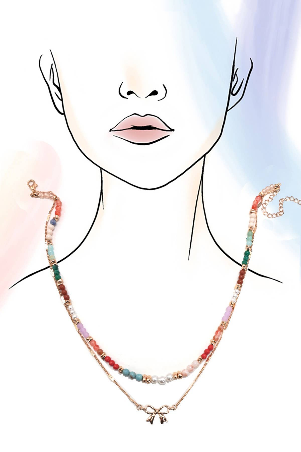 MULTI BEADED BOW CHARM DOUBLE LAYER NECKLACE