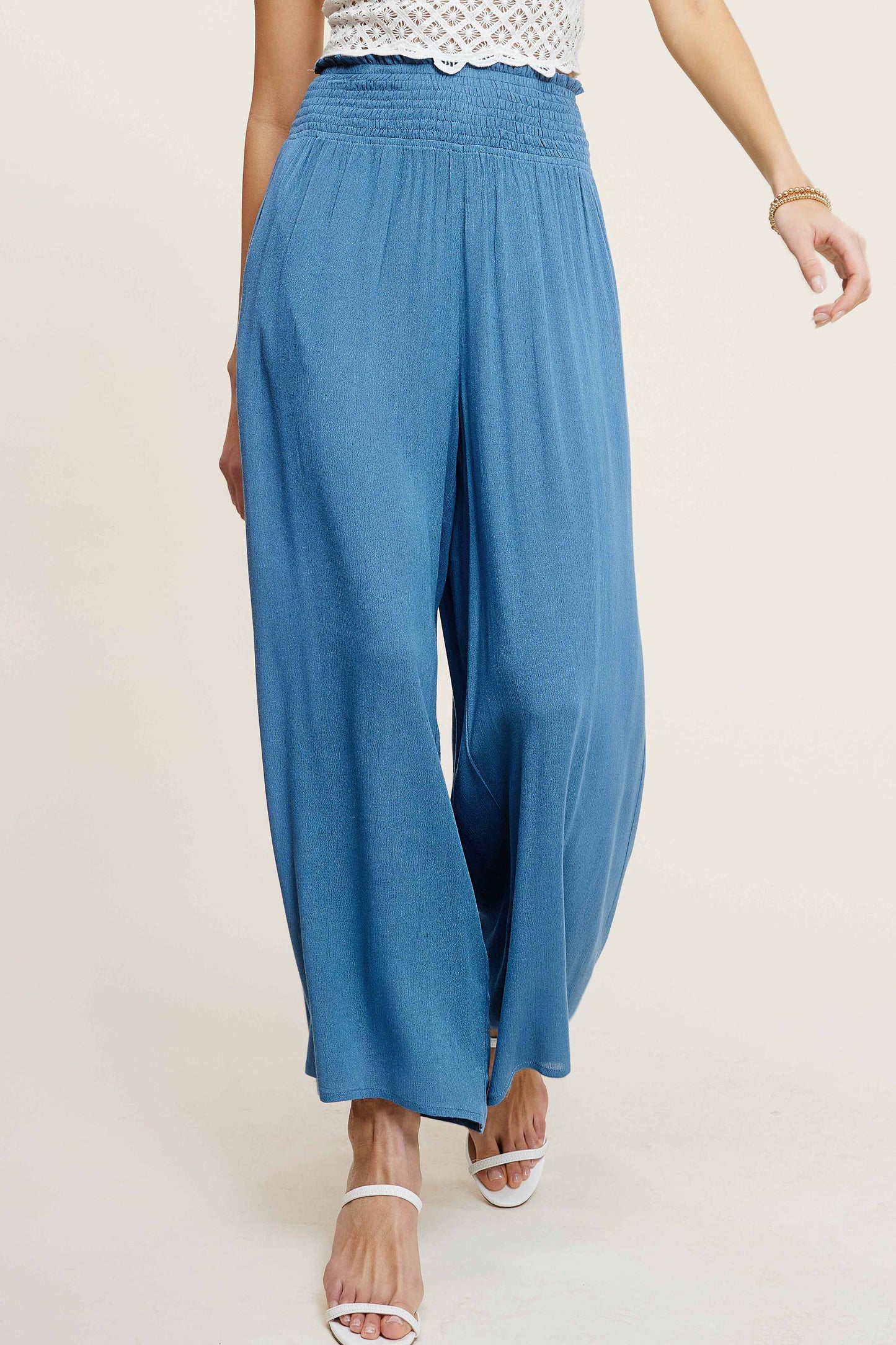 Wide Leg Smocked Waist Spring Summer Pants