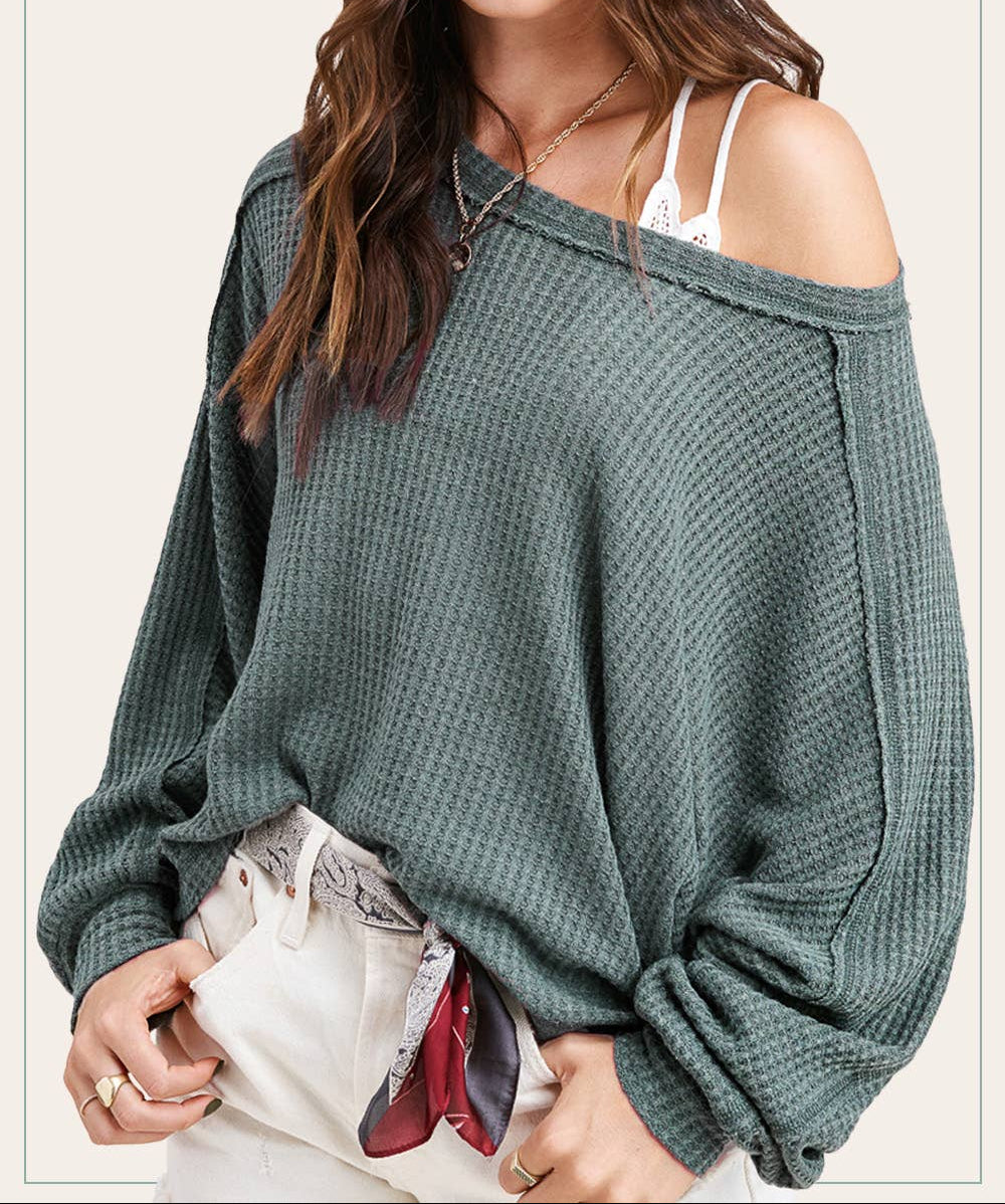 Waffle Fabric Loose Fit Long Sleeve Top
