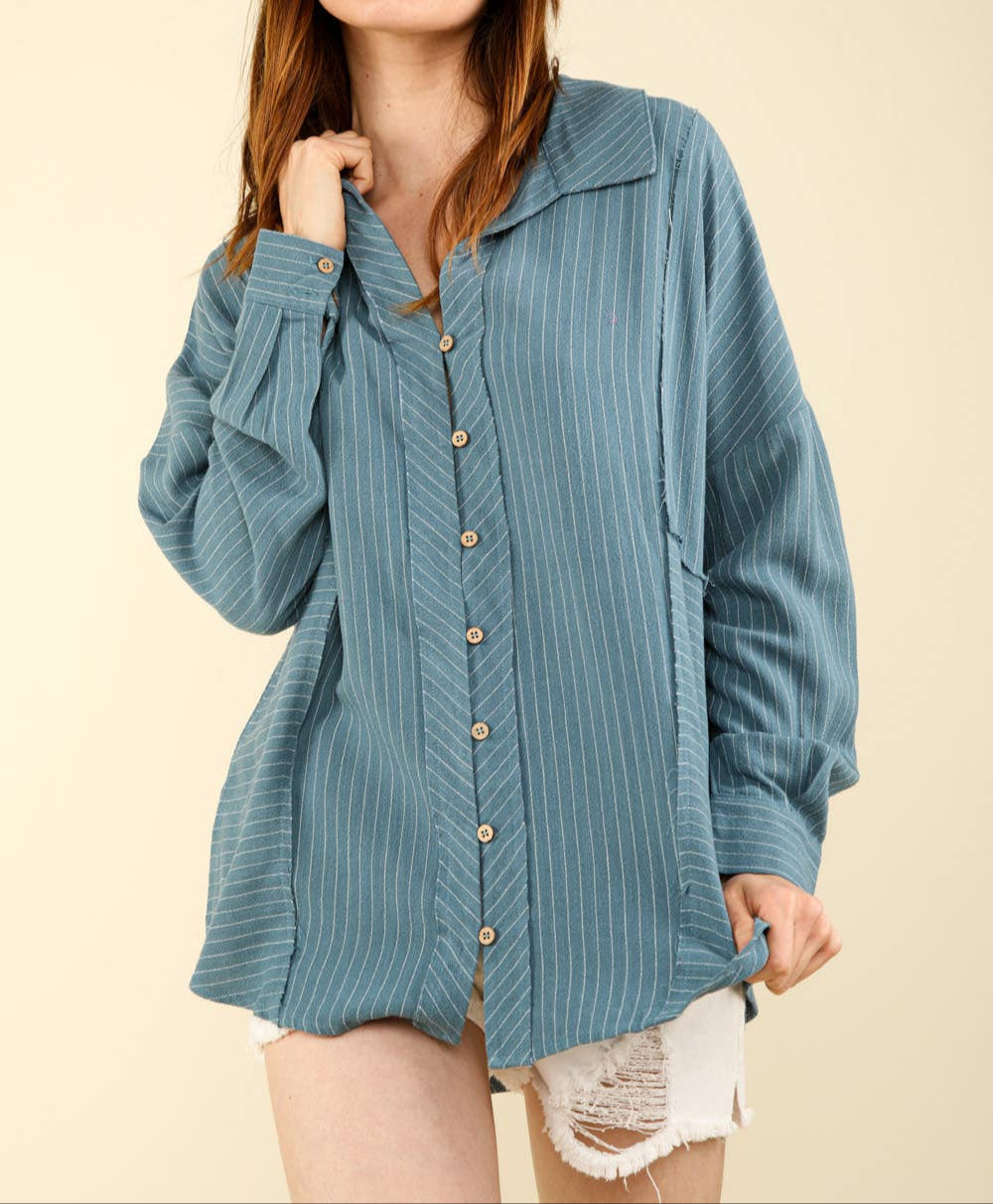 Oversized Striped Linen Collared Shirt Top