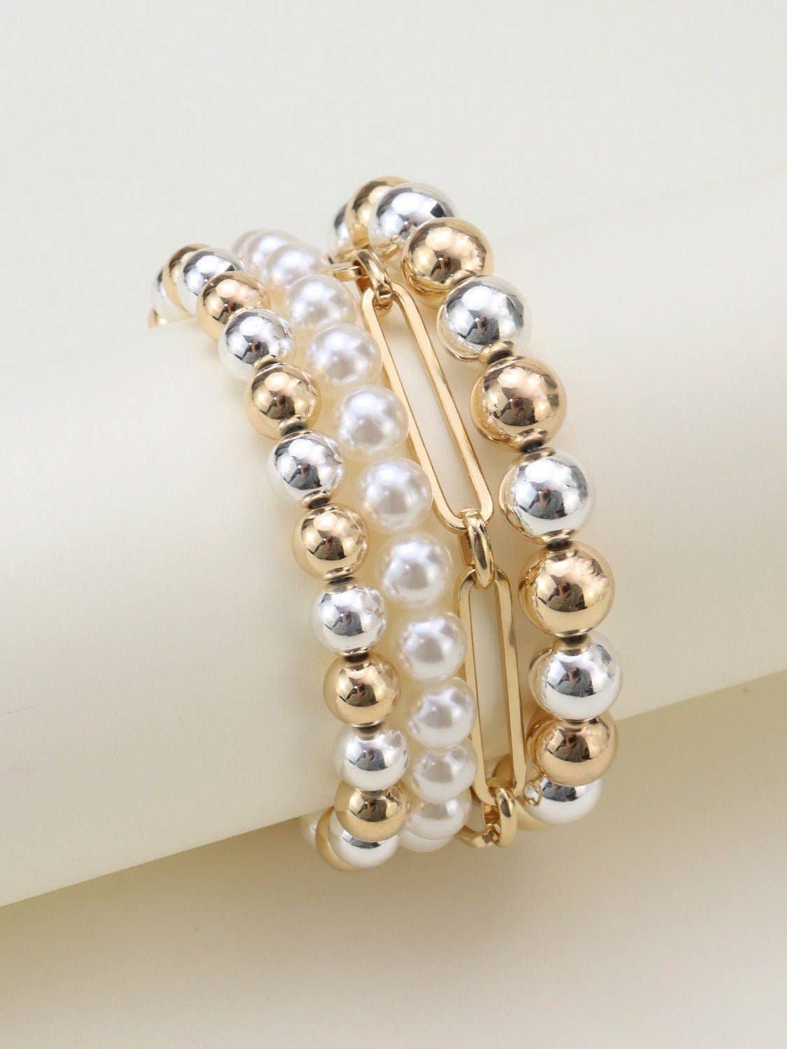 Pearl Bead Metal Link Bracelet Jewelry Set