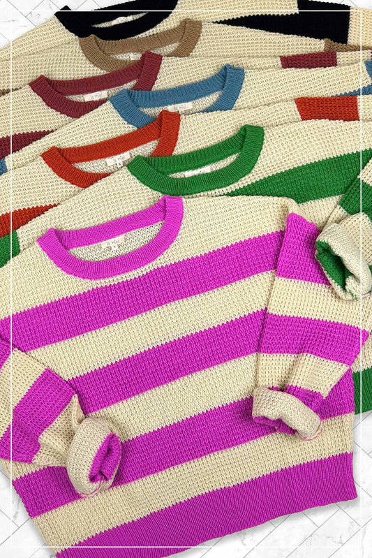 Loose Fit Striped Round Neck Long Sleeve Sweater