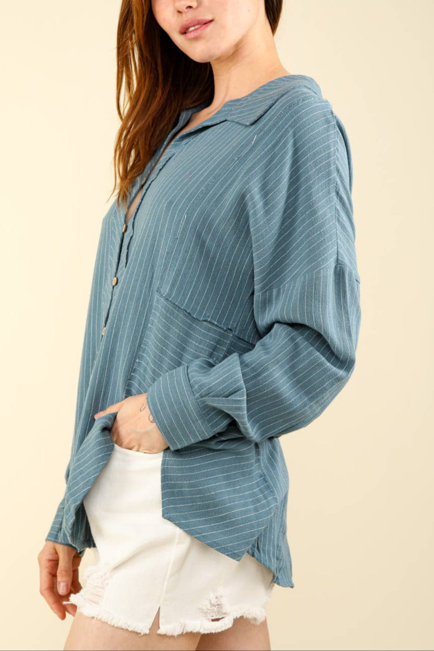 Oversized Striped Linen Collared Shirt Top