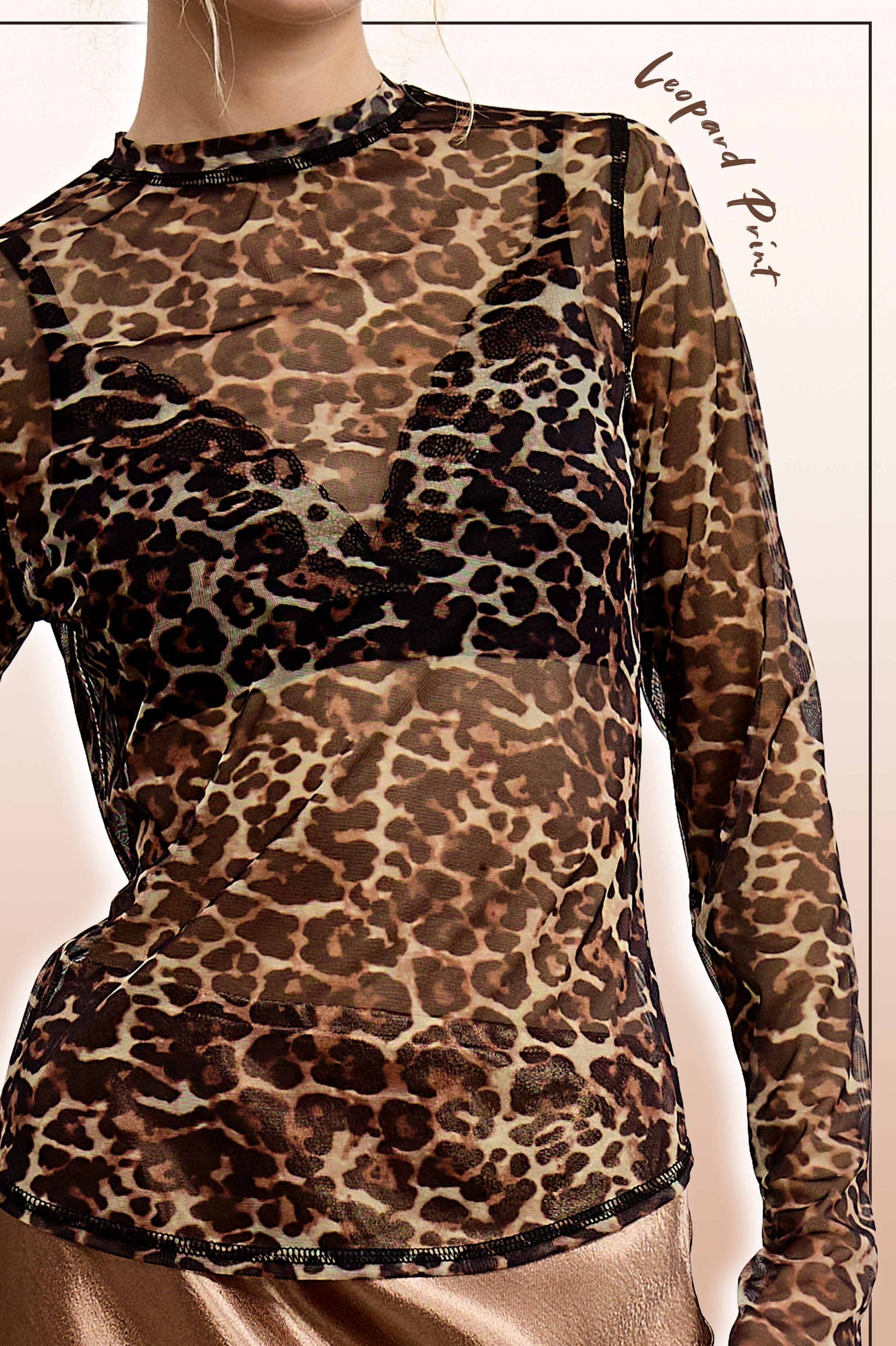 Semi Sheer Leopard Printed Long Sleeve Mesh Top