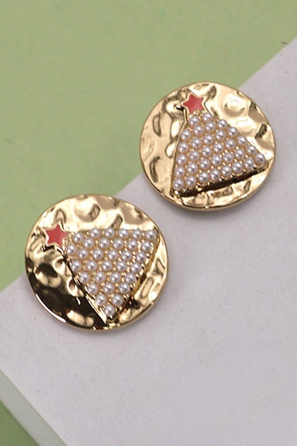 HAMMERED GOLD PEARL CHRISTMAS TREE STUD EARRINGS