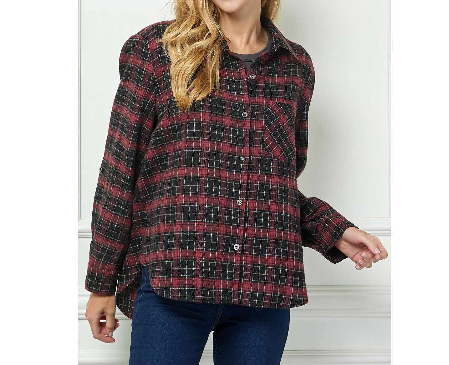 PLAID FLANNEL ROLL SLEEVES  COLLAR NECK SHIRTS