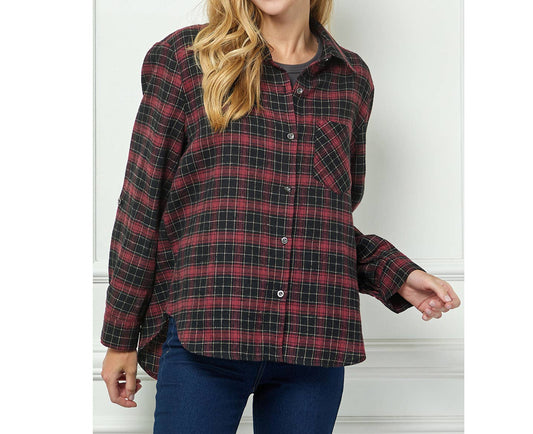 PLAID FLANNEL ROLL SLEEVES  COLLAR NECK SHIRTS