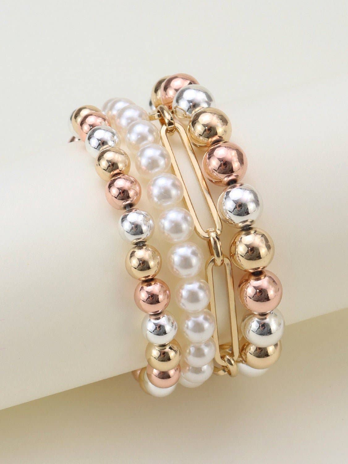 Pearl Bead Metal Link Bracelet Jewelry Set
