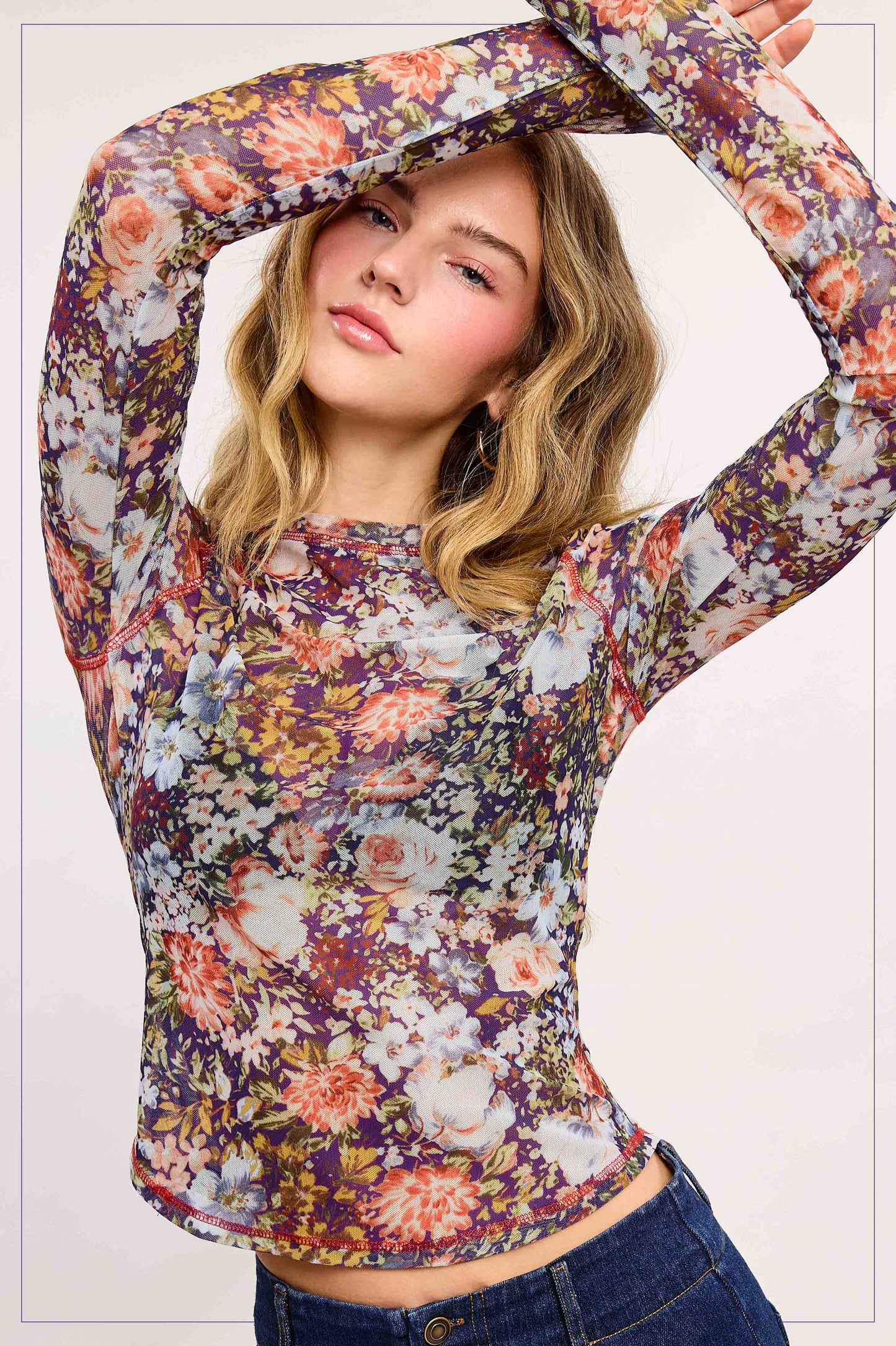 Semi Sheer Floral Mesh Layering Top